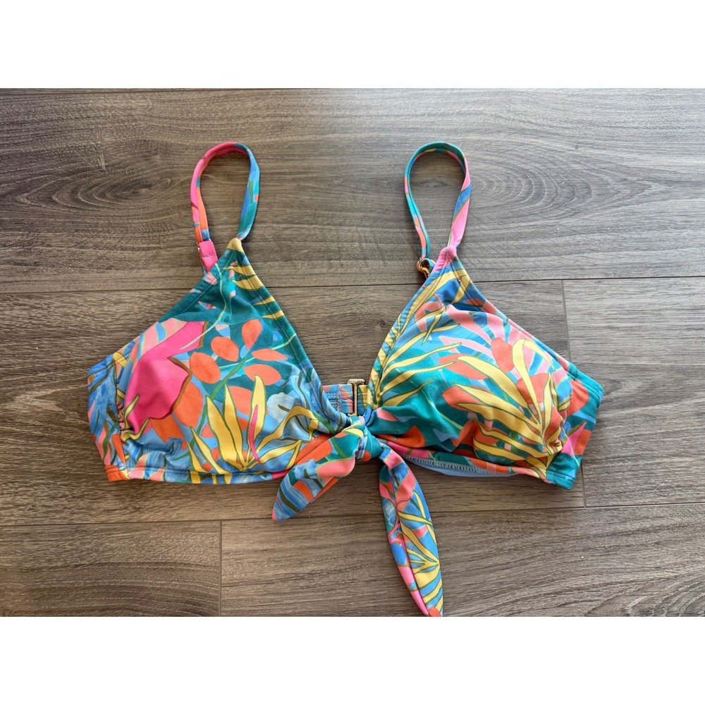 Kona Sol Bikini Top XL Tropical Floral Tie Front Triangle Beach Swimwear Summer